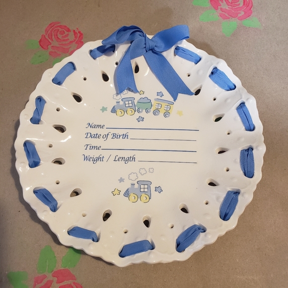 CUDLIE BABY BLUE CERAMIC BIRTH RECORD ANNOUNCEMENT PLATE SWEET BABY ANGE… - Picture 2 of 7